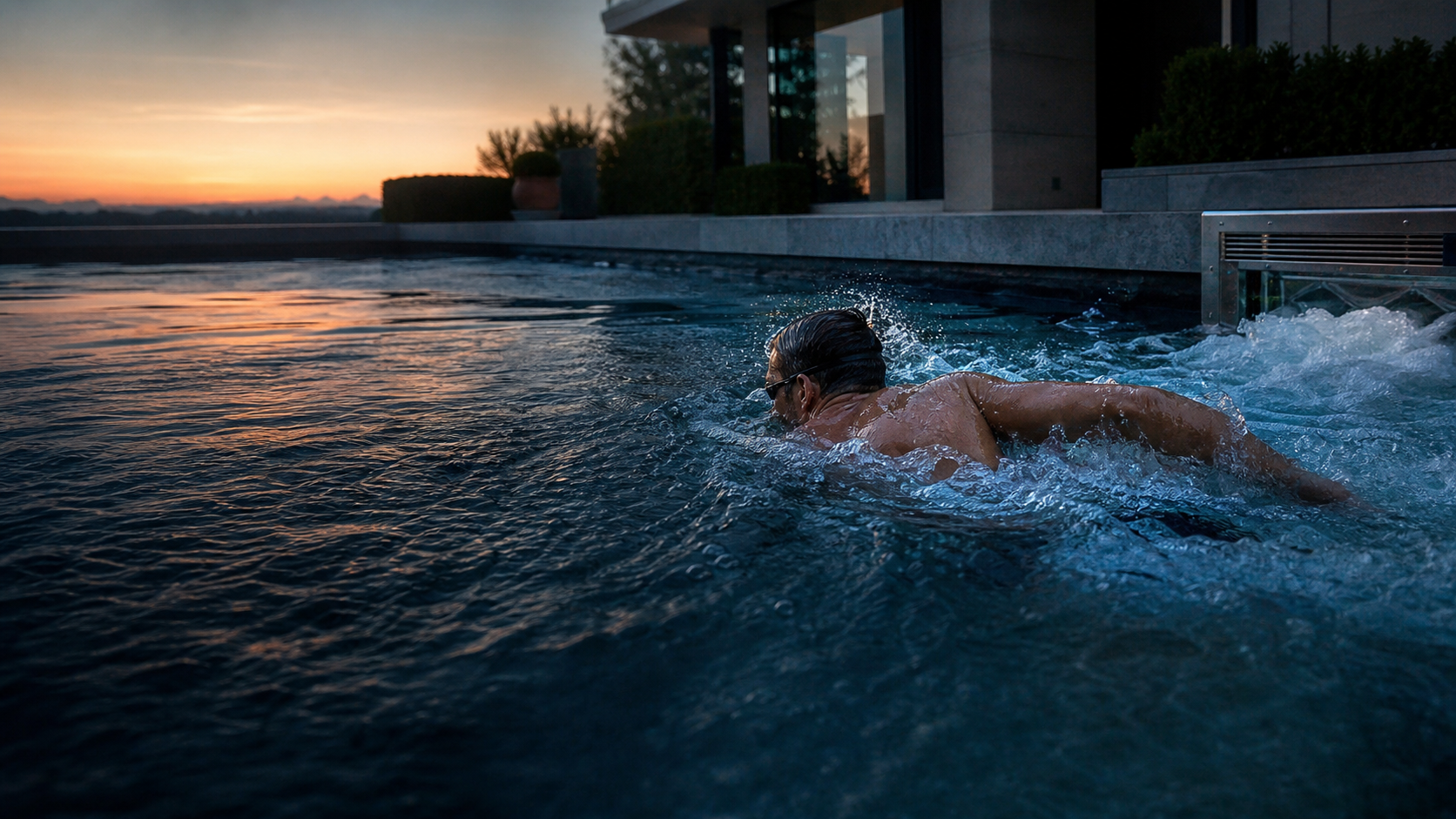 Ein erwachsener Schwimmer trainiert bei Sonnenaufgang in einer hochwertigen privaten Poolanlage gegen eine leistungsstarke Gegenströmung.